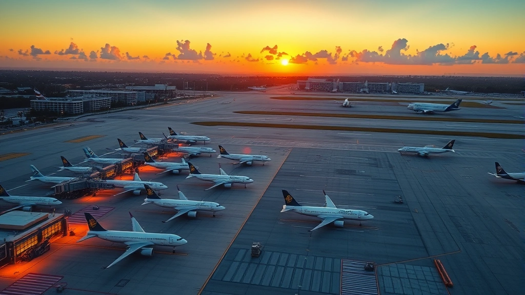 Aerial view of Miami International Airport tarmac with planes lined up at gates during golden hour sunset, vibrant runway lights and terminal buildings visible