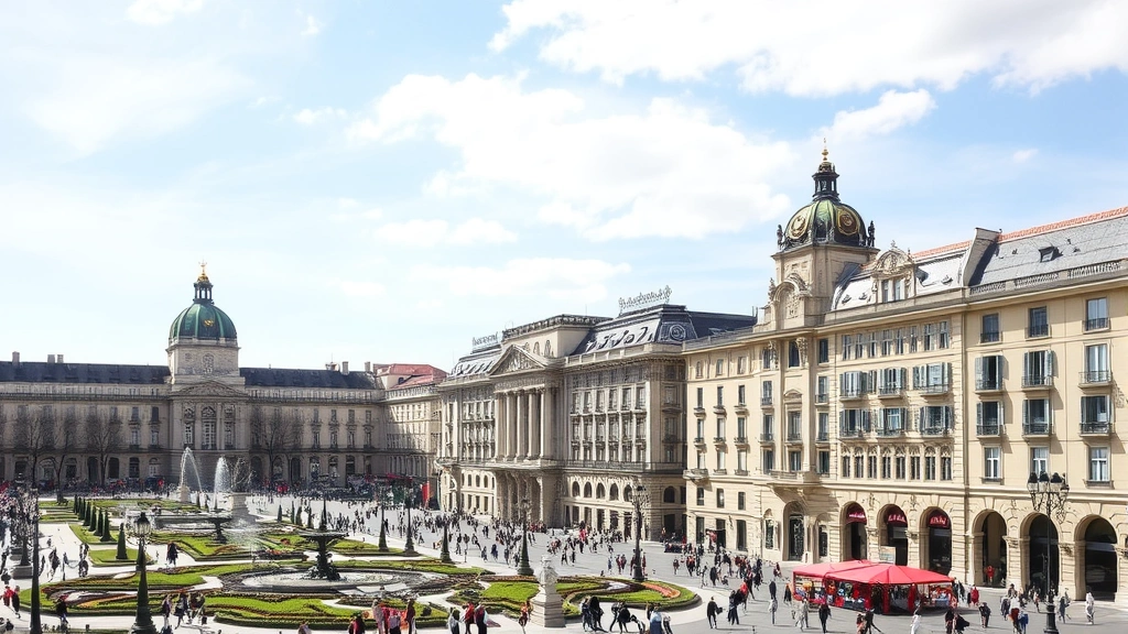 Historic Madrid city center with Retiro Park, Royal Palace, and Gran Via street architecture showing Spanish colonial buildings and bustling plaza activity