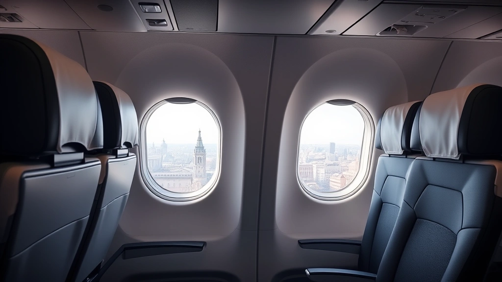 Modern aircraft cabin interior showing comfortable economy seating with overhead bins, window seats with Madrid skyline visible below through windows