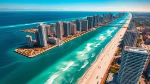 Aerial view of Miami's glittering skyline with turquoise ocean and white sandy beaches below, clear blue sky, modern downtown buildings reflecting sunlight, vibrant tropical landscape, daytime photography