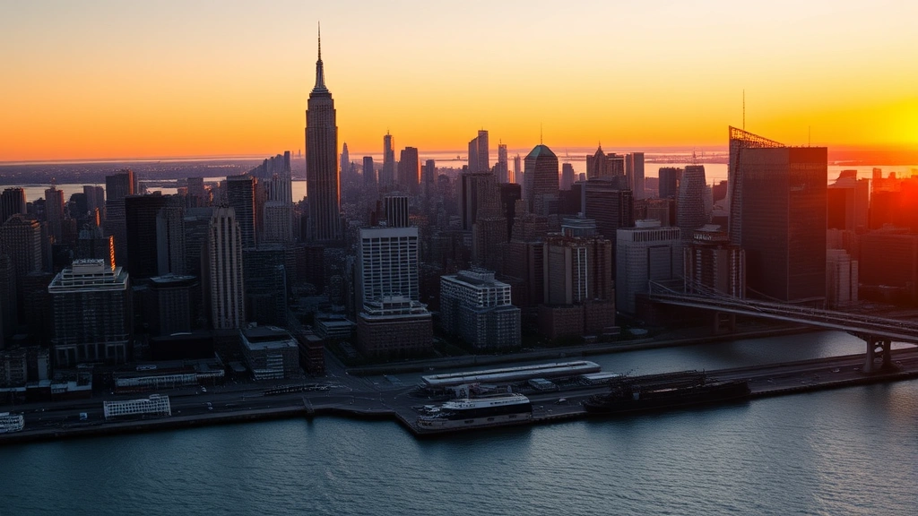 Manhattan skyline at sunset with Empire State Building, One World Trade Center, and Hudson River visible, golden hour lighting, iconic NYC architecture, urban landscape, professional travel photography
