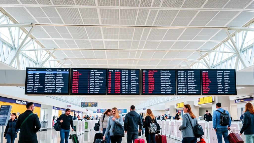 Busy airport terminal interior with departures board showing flight information, travelers with luggage, modern airport architecture, bright lighting, check-in counters, bustling travel scene, realistic airport environment