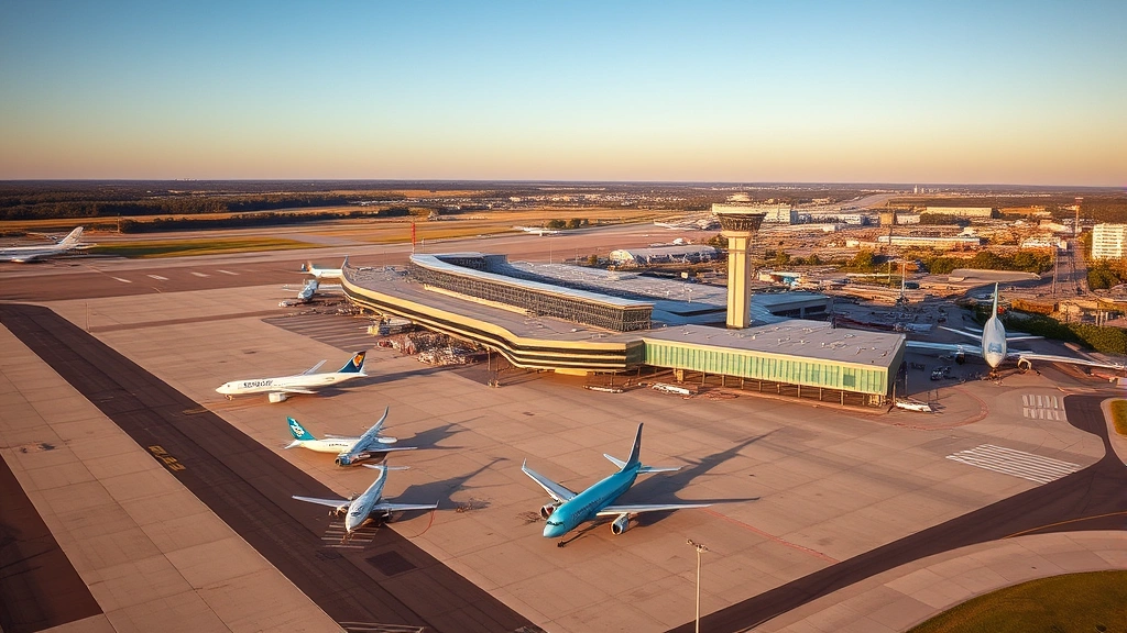 Aerial view of General Mitchell International Airport in Milwaukee with planes on tarmac and control tower, golden hour lighting, modern aviation infrastructure, clear sunny day