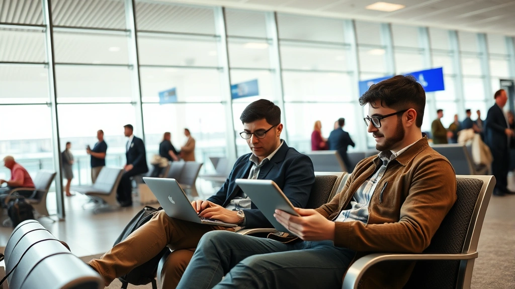 Travelers in comfortable airport seating area browsing flights on laptop and phone, natural window light, busy airport terminal background, diverse group checking prices, modern airport interior