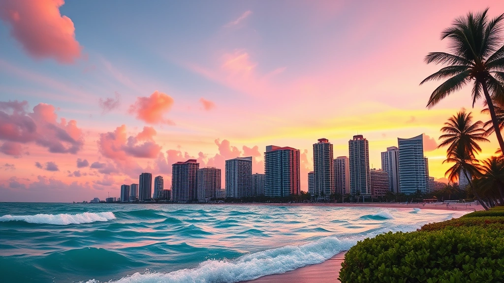 Vibrant Miami skyline at sunset with turquoise ocean waves, colorful art deco buildings, palm trees silhouetted against orange and pink sky, tropical beach scene