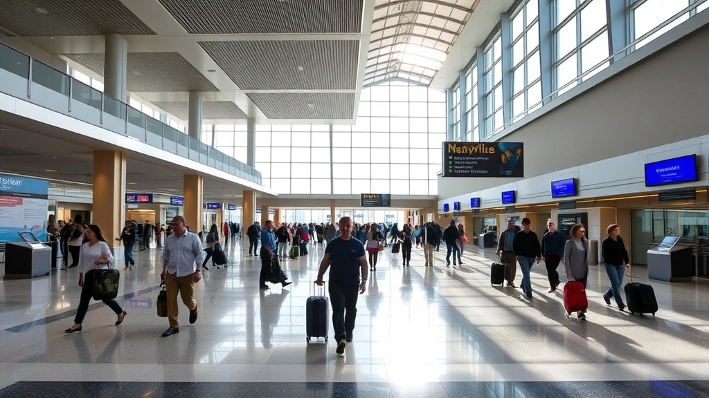 Nashville International Airport departure hall interior with modern architecture, travelers with luggage, bright natural lighting from large windows, busy terminal atmosphere