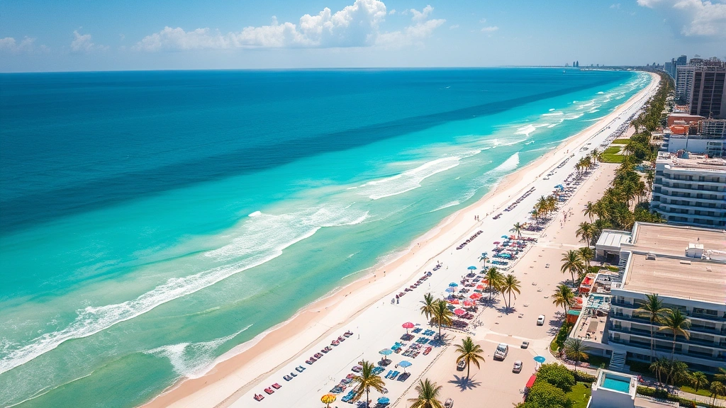 Aerial view of Miami Beach boardwalk with white sand, turquoise Atlantic Ocean, colorful umbrellas and lounge chairs, Art Deco hotels, tropical paradise landscape