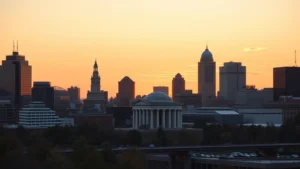 Nashville skyline at golden hour with the Parthenon visible, cityscape photography, warm lighting, professional travel photography style, no text or signage