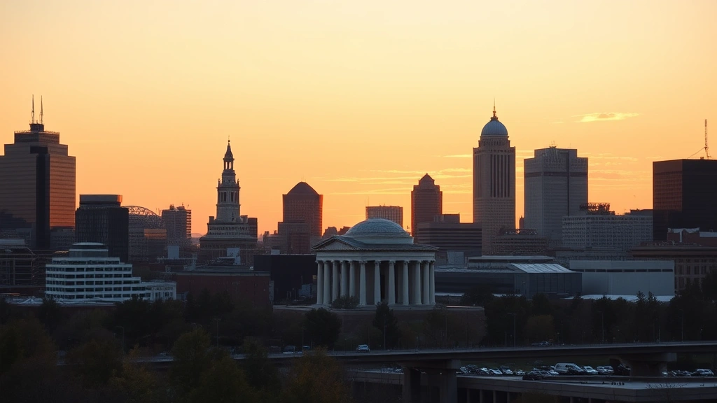 Nashville skyline at golden hour with the Parthenon visible, cityscape photography, warm lighting, professional travel photography style, no text or signage