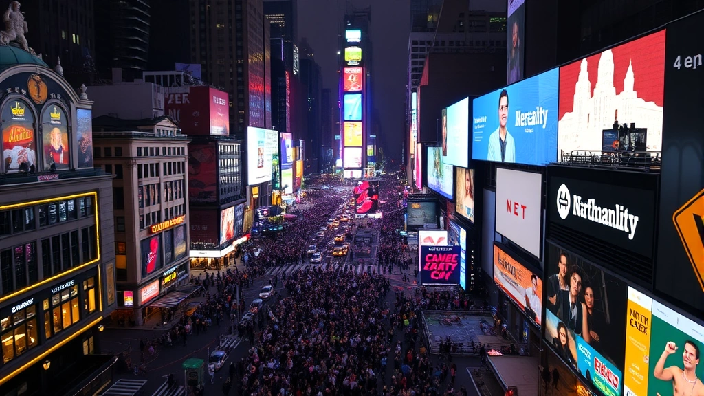 Times Square NYC at night with bright lights and energy, crowded streets, iconic buildings illuminated, vibrant urban atmosphere, aerial or elevated perspective, no street signs readable