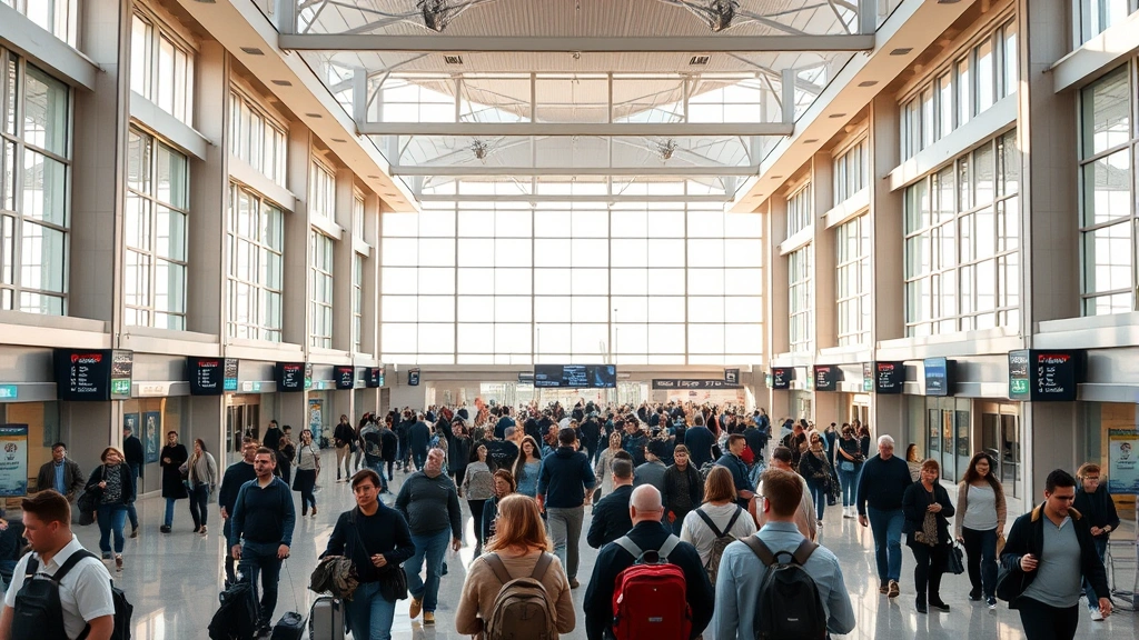 Interior of modern airport terminal with travelers and gates, natural light from windows, contemporary architecture, busy but organized, no visible signage or flight information displays