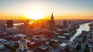 Aerial view of New Orleans skyline with Mississippi River at sunrise, vibrant cityscape with historic buildings and modern skyscrapers, golden morning light