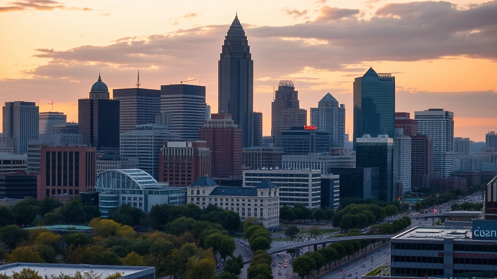 Atlanta skyline featuring modern glass skyscrapers and downtown architecture during golden hour, bustling urban landscape with tree-lined streets, evening light reflecting off buildings