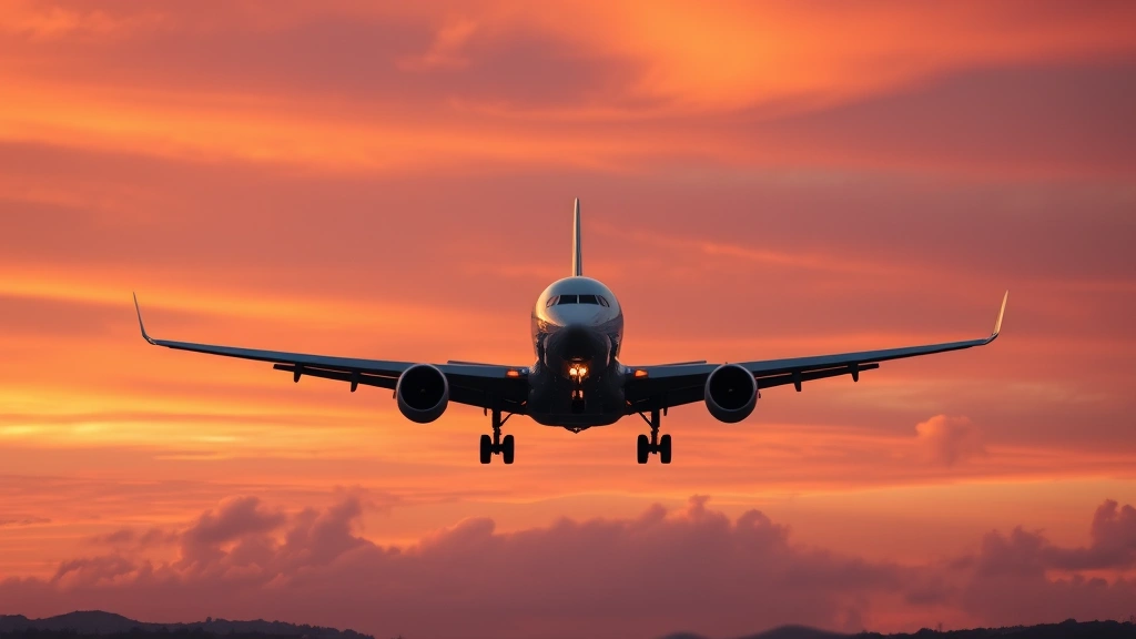 Commercial airplane taking off from runway at sunset with dramatic orange and pink sky, jet engines glowing, clouds illuminated by setting sun, freedom and travel concept