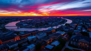 Aerial view of New Orleans cityscape with Mississippi River bend and French Quarter rooftops at sunset, vibrant colors reflecting on water, travel photography style