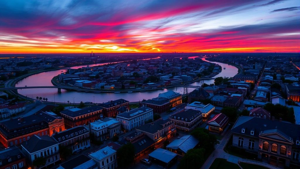Aerial view of New Orleans cityscape with Mississippi River bend and French Quarter rooftops at sunset, vibrant colors reflecting on water, travel photography style