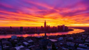 Aerial view of New Orleans skyline with Mississippi River at sunset, vibrant purple and orange sky, French Quarter visible below, professional photography, no text