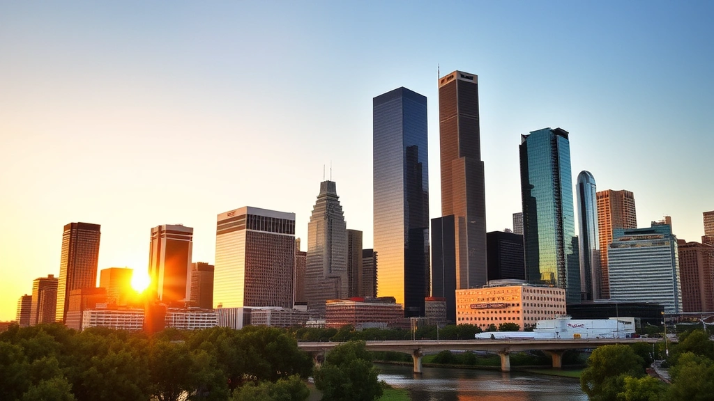 Houston downtown skyline at golden hour with glass skyscrapers reflecting light, Buffalo Bayou in foreground, dynamic urban landscape, no signage visible, travel photography style
