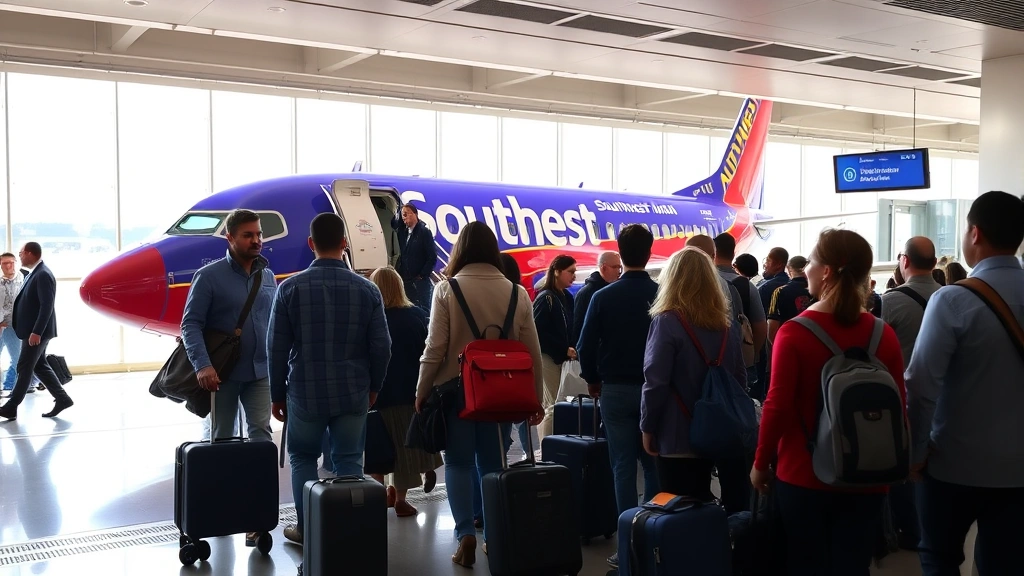 Passengers boarding Southwest Airlines aircraft at gate, bright cabin interior visible, diverse travelers with luggage, modern airport terminal, professional travel scene, no readable text