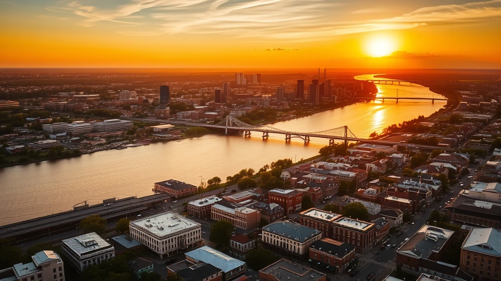 Aerial view of New Orleans city skyline with Mississippi River bend at sunset, warm golden light reflecting off water, vibrant urban landscape with distinctive French Quarter architecture visible