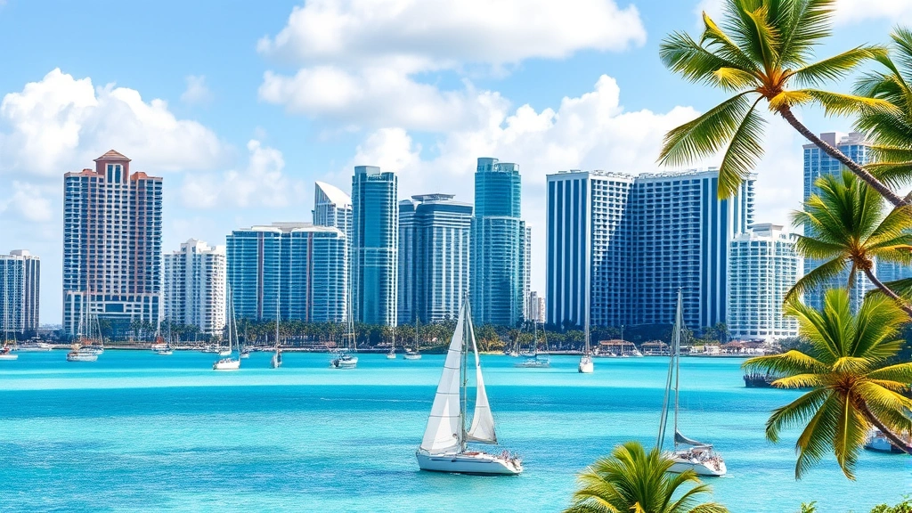 Modern Miami skyline featuring Art Deco buildings and contemporary skyscrapers with Biscayne Bay in foreground, crystal blue water, white sailboats, tropical atmosphere with palm trees