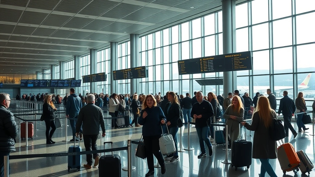 Busy airport terminal interior with travelers checking in at counters, departure boards, natural light streaming through windows, diverse passengers with luggage, professional airport environment