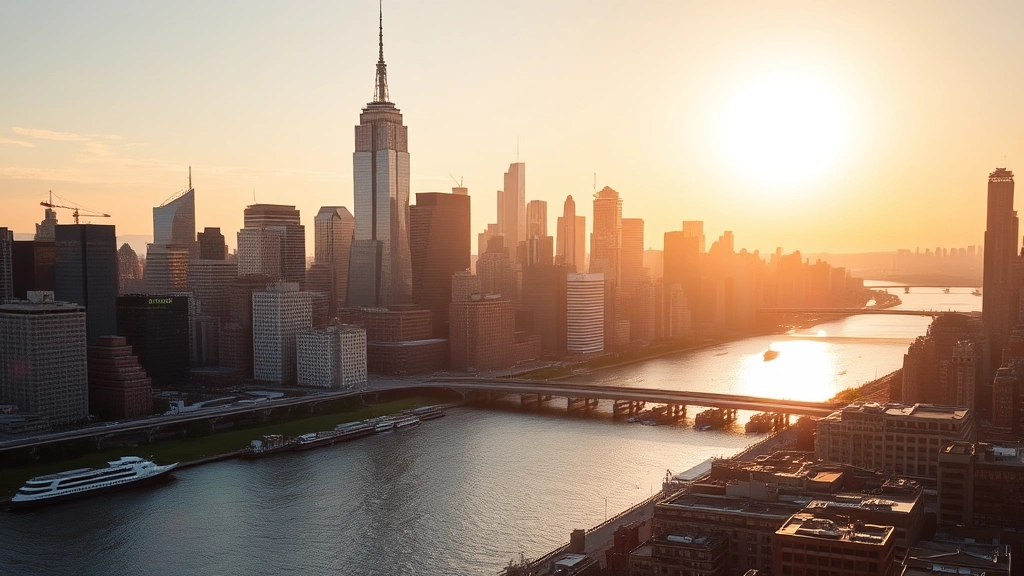 Manhattan skyline at golden hour with Hudson River, Empire State Building and One World Trade Center prominent, bright sunlight reflecting off windows, dynamic urban scene