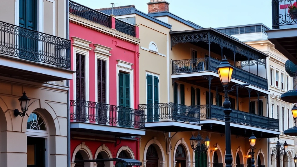 New Orleans historic French Quarter architecture with wrought iron balconies, colorful colonial buildings, gas lamps, street level perspective, evening light
