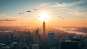 Aerial view of New York City skyline with multiple airports visible, early morning golden light reflecting off buildings and water, bustling cityscape with planes in sky