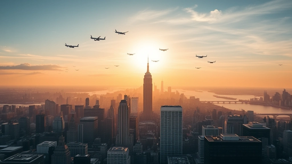 Aerial view of New York City skyline with multiple airports visible, early morning golden light reflecting off buildings and water, bustling cityscape with planes in sky