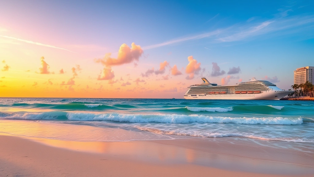 Fort Lauderdale beach with turquoise ocean waves, pristine white sand, palm trees swaying, cruise ships in port, sunset sky with warm orange and pink hues
