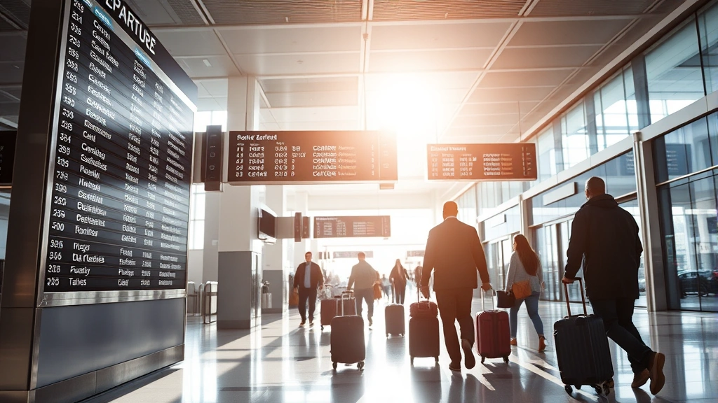 Airport terminal departure board showing flight information and prices, travelers with luggage walking through modern airport corridor, natural light streaming through windows