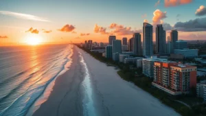 Aerial view of Miami skyline with turquoise ocean and white sandy beaches at sunset, colorful art deco buildings in foreground, vibrant tropical atmosphere