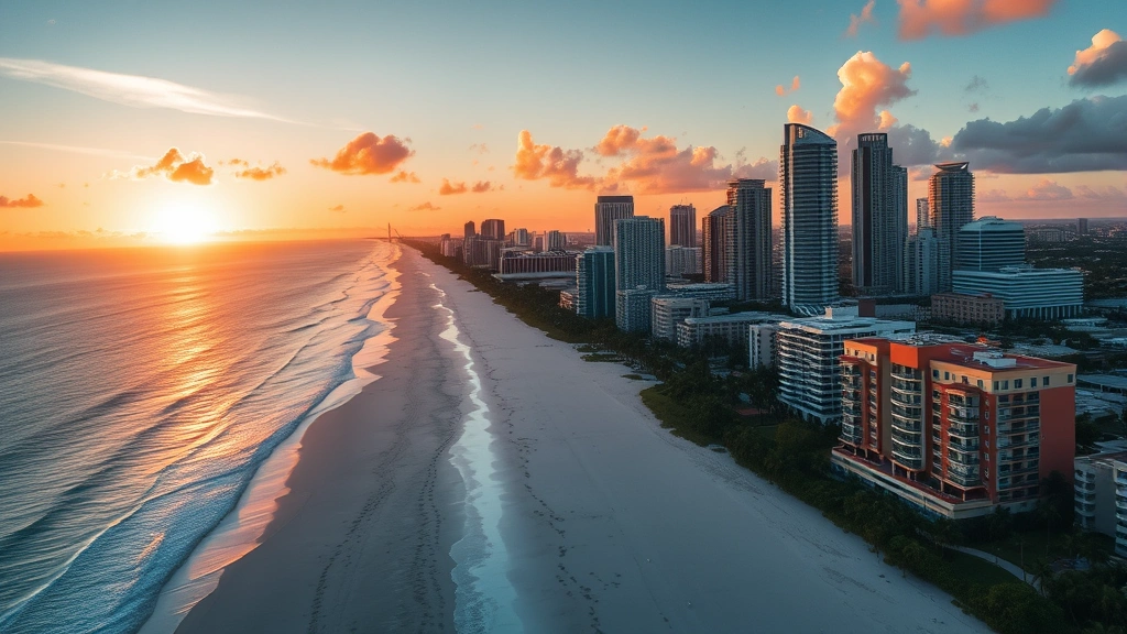 Aerial view of Miami skyline with turquoise ocean and white sandy beaches at sunset, colorful art deco buildings in foreground, vibrant tropical atmosphere