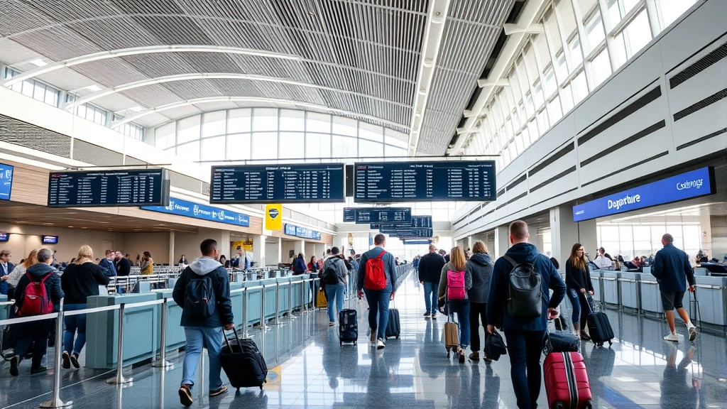 Busy airport terminal with departure boards showing flight information, travelers with luggage checking in at counters, modern airport architecture with natural light
