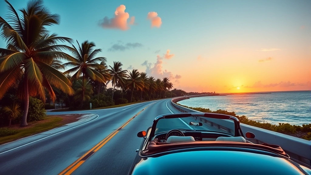 Scenic Florida Keys highway with palm trees lining the road, crystal blue water visible on both sides, vintage convertible car driving toward sunset, tropical island landscape