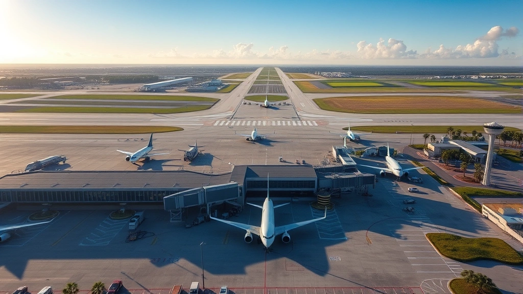 Aerial view of Orlando International Airport with morning sunlight, commercial planes at gates, runway stretching into distance, Florida landscape with palm trees visible