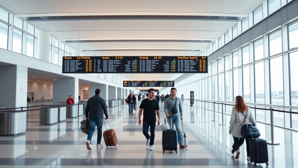 Inside modern airport terminal with departure boards displaying flight information, travelers with luggage walking through bright corridor, natural light from windows, contemporary architecture