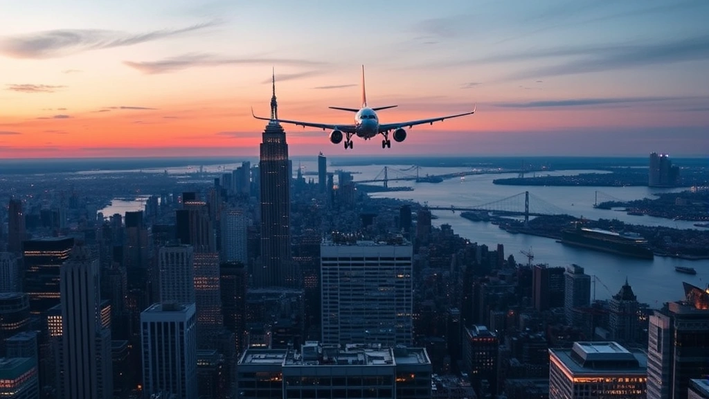 Overhead shot of New York City skyline at dusk with airplane approaching, Hudson River visible, skyscrapers illuminated, commercial jet descending toward airport