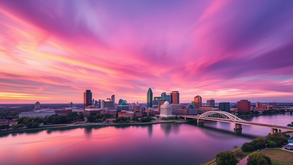 Aerial view of Austin skyline with Lady Bird Lake and Congress Avenue Bridge at sunset, vibrant purple sky reflecting downtown buildings and green water, no text or signs visible