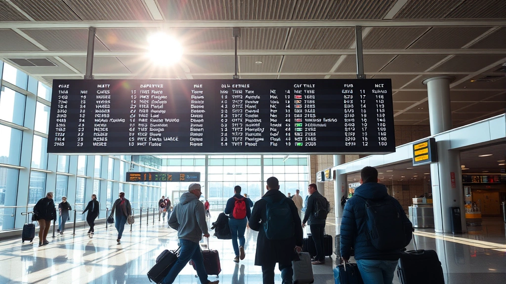 Newark Liberty International Airport departure board showing flight information, travelers with luggage walking through modern terminal with natural light streaming through windows, dynamic travel scene