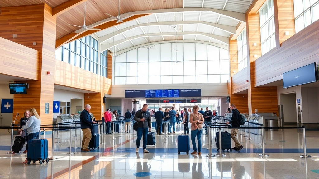 Austin-Bergstrom Airport modern terminal interior with passengers checking in, natural wood elements and Texas-inspired architecture, bright daytime lighting, no visible text on signs