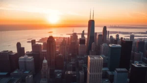 Aerial view of Chicago skyline with Lake Michigan at sunset, skyscrapers reflecting golden light, architectural beauty of downtown Chicago visible from above