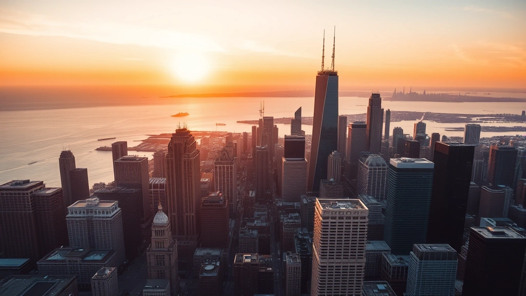 Aerial view of Chicago skyline with Lake Michigan at sunset, skyscrapers reflecting golden light, architectural beauty of downtown Chicago visible from above