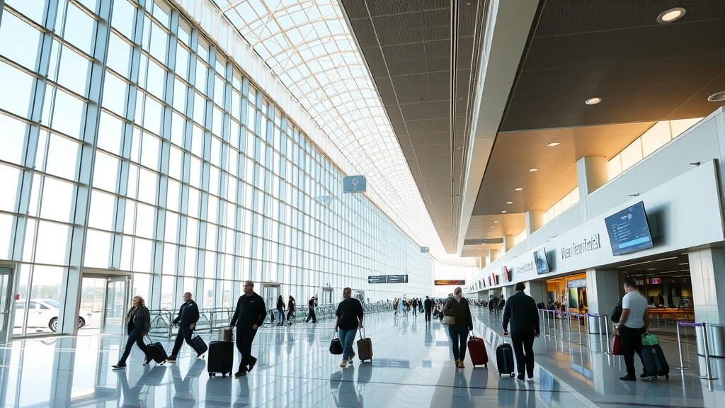 Modern airport terminal interior at Newark Liberty International, bright natural lighting, travelers walking with luggage, contemporary gate areas and digital displays