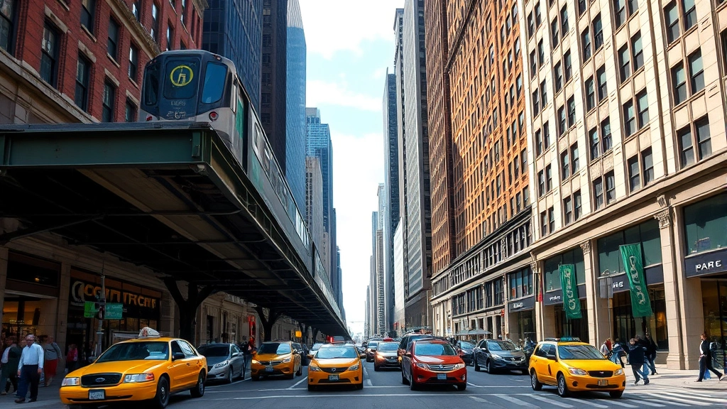 Vibrant Chicago street scene showing elevated train (L), historic architecture, urban energy with pedestrians and yellow taxis, Windy City character and movement