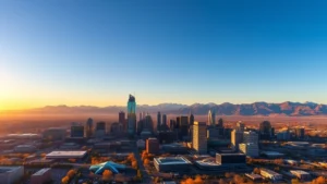 Aerial sunrise view of Denver skyline with Rocky Mountains in background, golden light illuminating downtown skyscrapers and surrounding landscape, clear blue sky, photorealistic