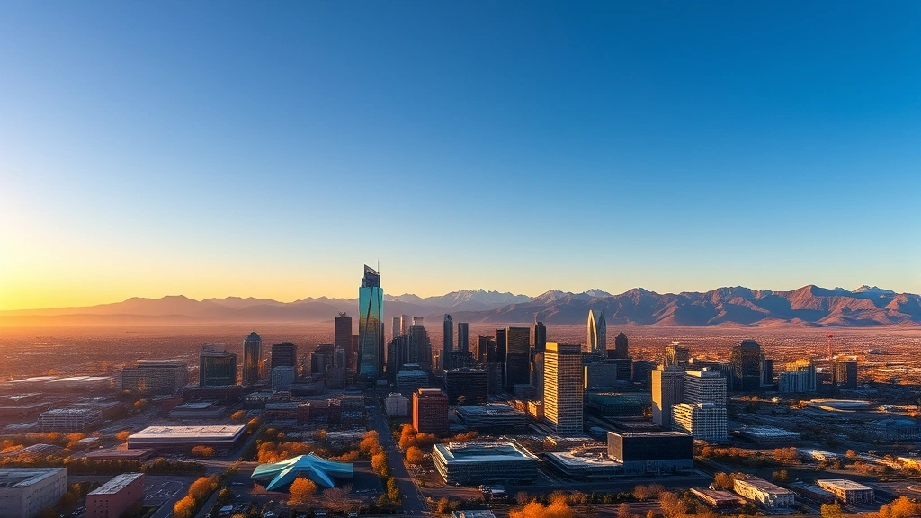 Aerial sunrise view of Denver skyline with Rocky Mountains in background, golden light illuminating downtown skyscrapers and surrounding landscape, clear blue sky, photorealistic