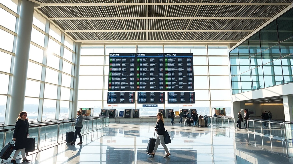Modern airport terminal interior at Newark Liberty International showing departure boards, travelers with luggage, natural lighting through large windows, contemporary architecture