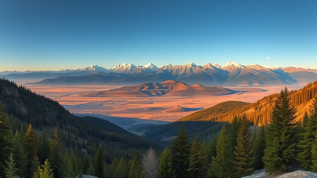 Mountain landscape of Colorado with vast valley, evergreen forests, snow-capped peaks in distance, golden hour lighting, scenic vista perfect for travel inspiration